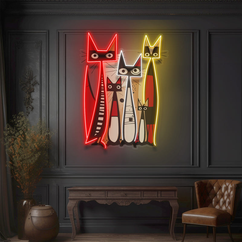 Cat Family In Abstract Art LED Neon Sign Light