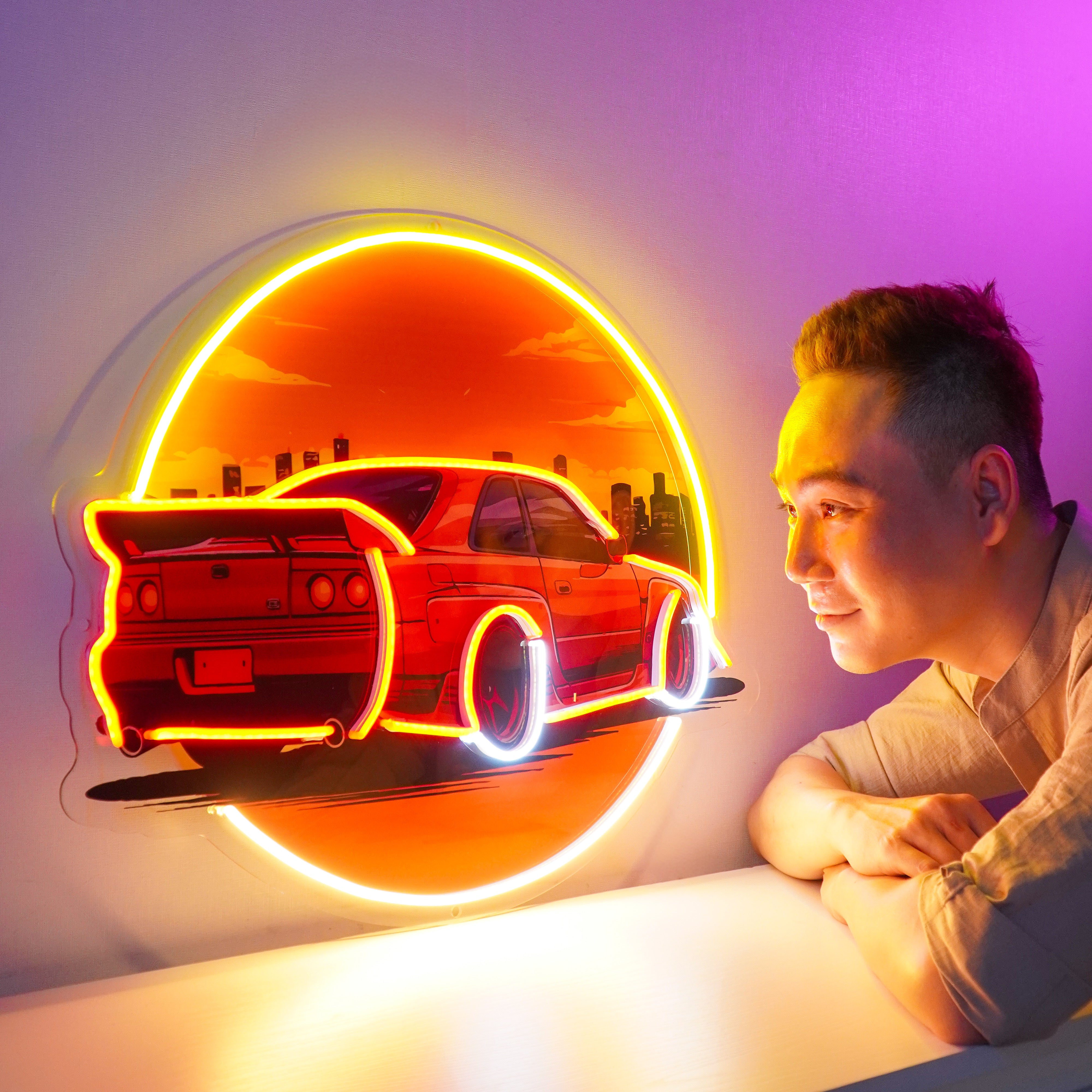 Car With Sunset LED Neon Sign Light Pop Art