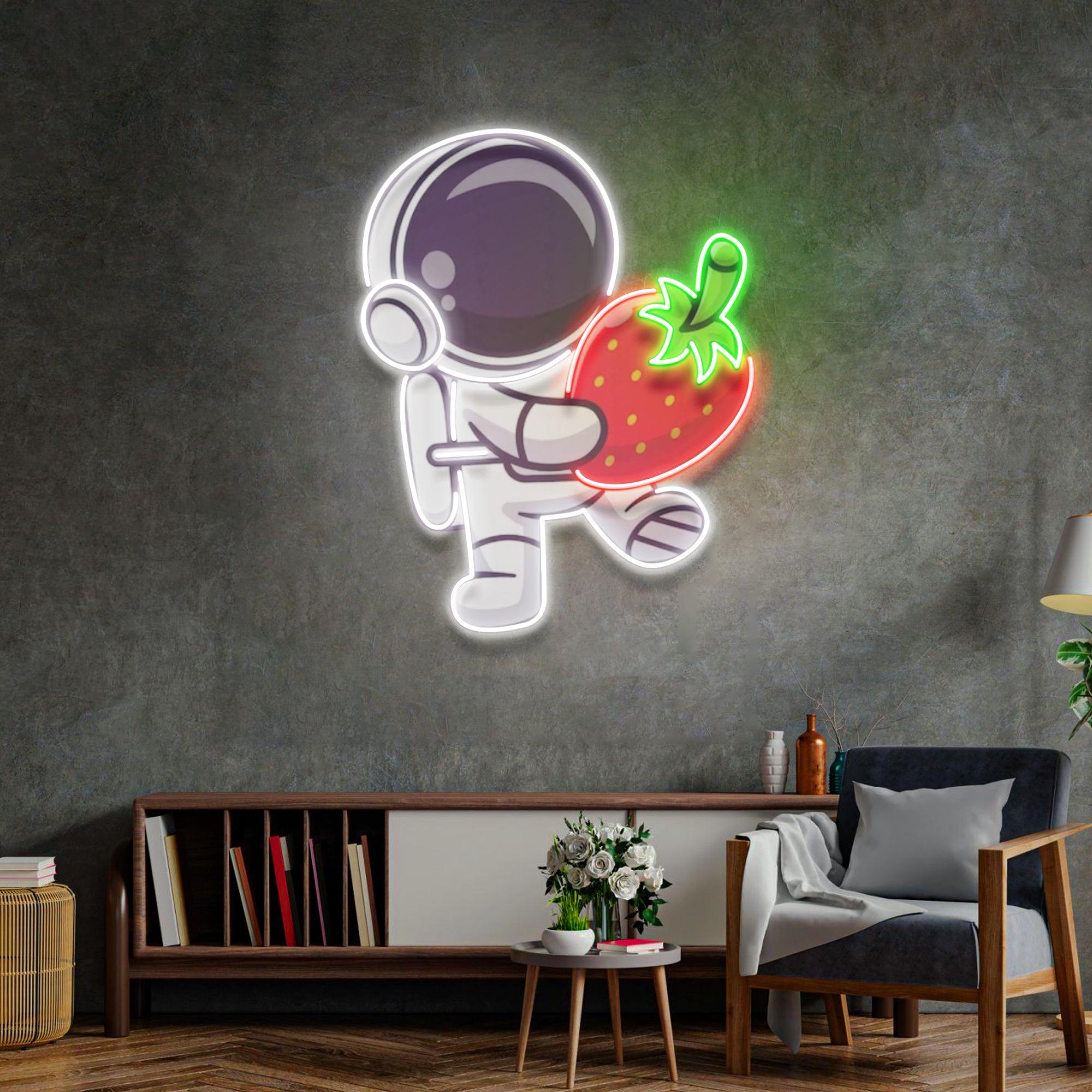 Astronaut Holding Strawberry Led Neon Acrylic Artwork - Custom Neon Signs | LED Neon Signs | Zanvis Neon®