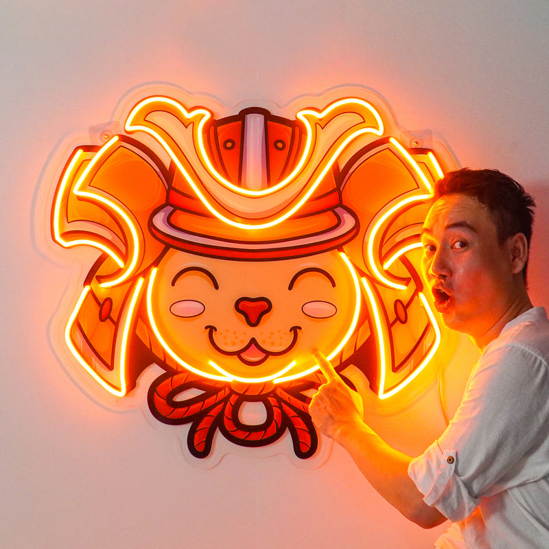 Cat Wearing Samurai Helmet LED Neon Sign Light Pop Art