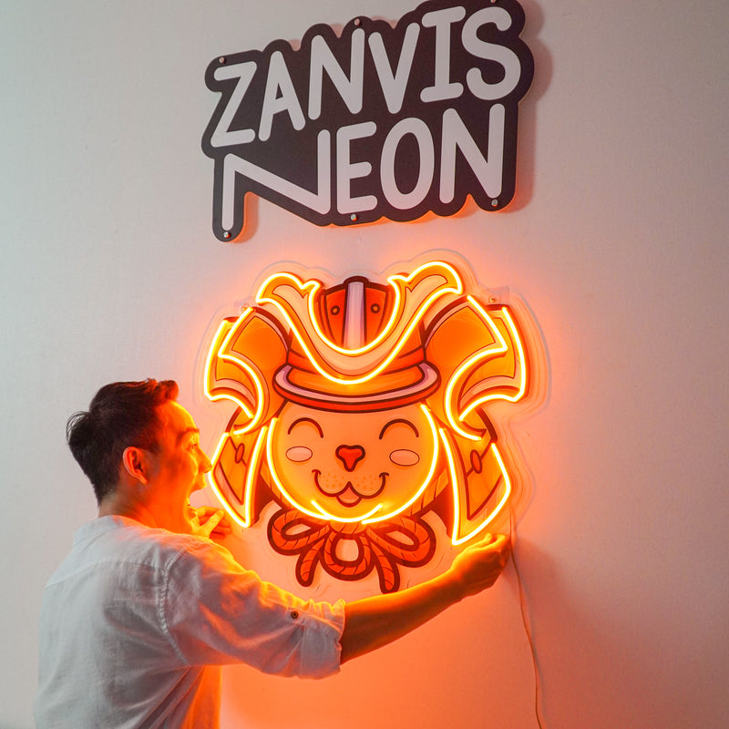 Cat Wearing Samurai Helmet LED Neon Sign Light Pop Art