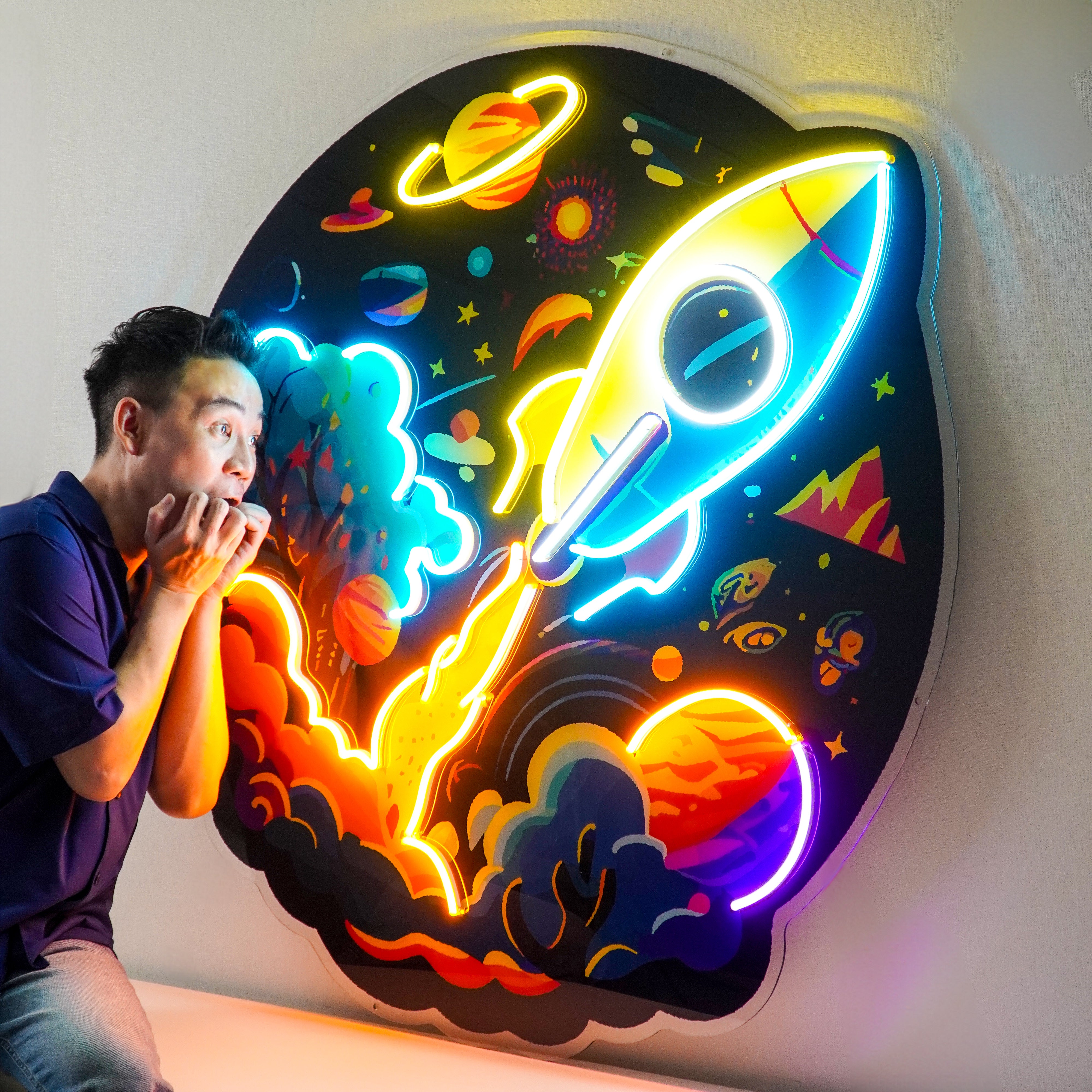 Rocket Launching Universe LED Neon Sign Light Pop Art