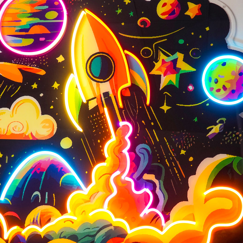 Rocket Launching Into Galaxy LED Neon Sign Light Pop Art
