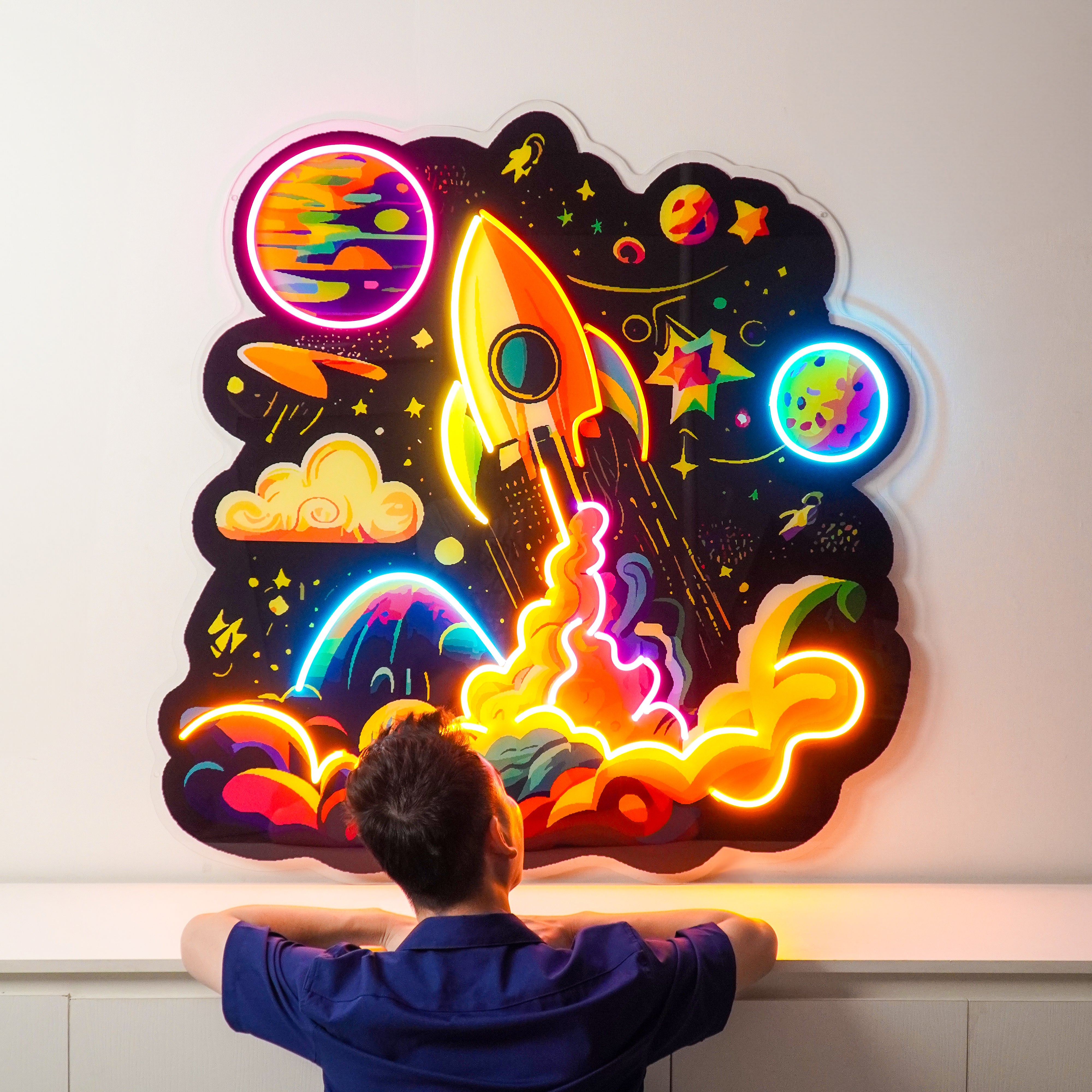 Rocket Launching Into Galaxy LED Neon Sign Light Pop Art