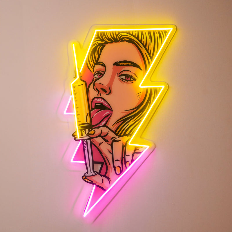 Beautiful Woman Is Holding An Injection LED Neon Sign Light Pop Art