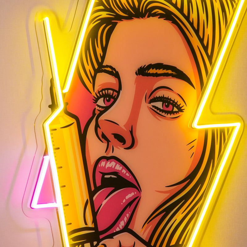 Beautiful Woman Is Holding An Injection LED Neon Sign Light Pop Art