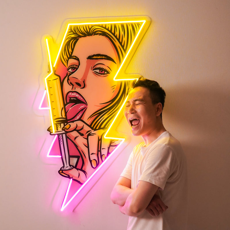 Beautiful Woman Is Holding An Injection LED Neon Sign Light Pop Art