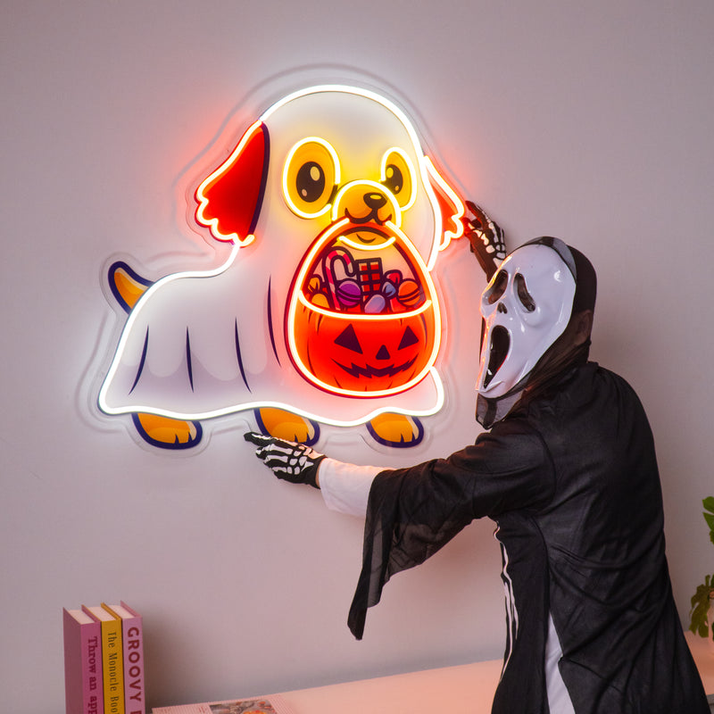 Ghost Dog With Pumpkin LED Neon Sign Light Pop Art