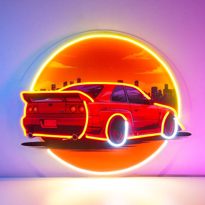 Car With Sunset LED Neon Sign Light Pop Art