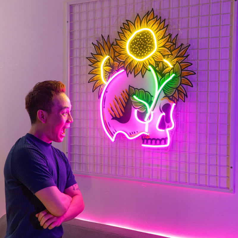 Skull Sun Flowers LED Neon Sign Light Pop Art