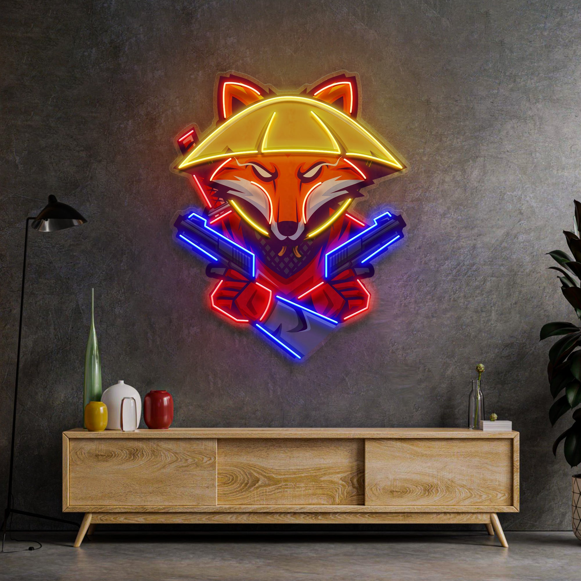 Fox Samurai With Gun LED Neon Sign Light Pop Art