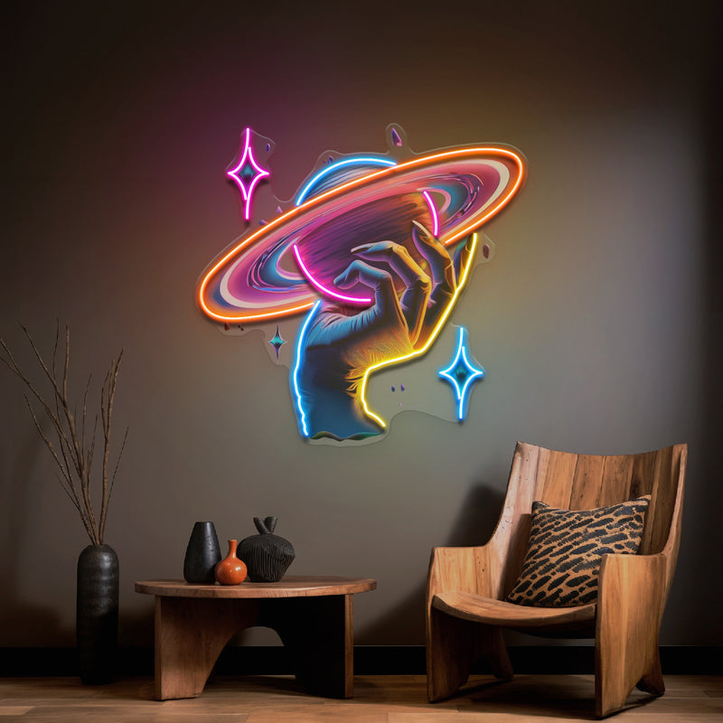 Hand Holding Saturn In Galaxy Art Style LED Neon Sign Light Pop Art