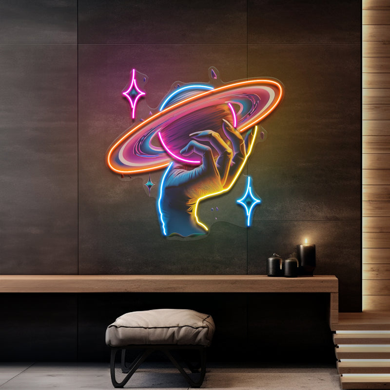 Hand Holding Saturn In Galaxy Art Style LED Neon Sign Light Pop Art