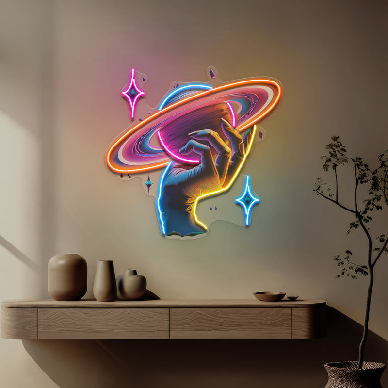 Hand Holding Saturn In Galaxy Art Style LED Neon Sign Light Pop Art