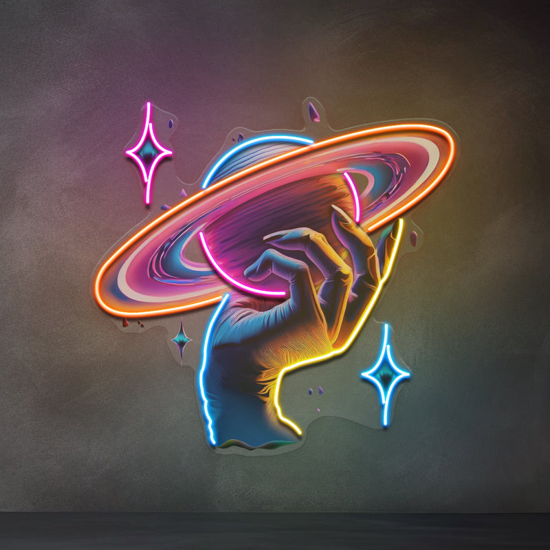 Hand Holding Saturn In Galaxy Art Style LED Neon Sign Light Pop Art