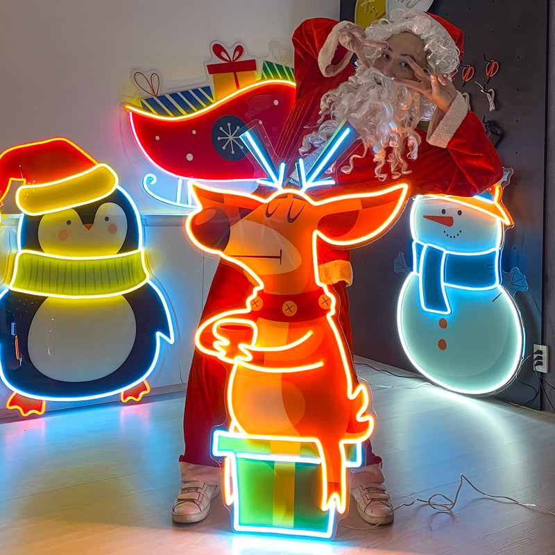 Deer On Gift Christmas LED Neon Acrylic Artwork
