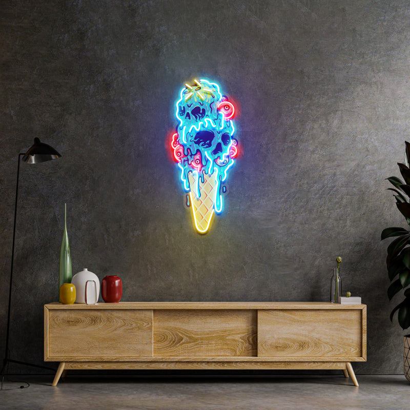 Ice Scream Cone Skull Melting LED Neon Sign Light Pop Art