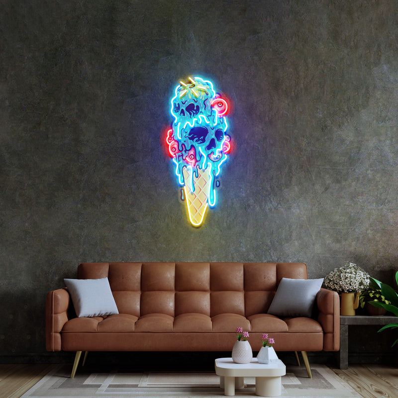 Ice Scream Cone Skull Melting LED Neon Sign Light Pop Art