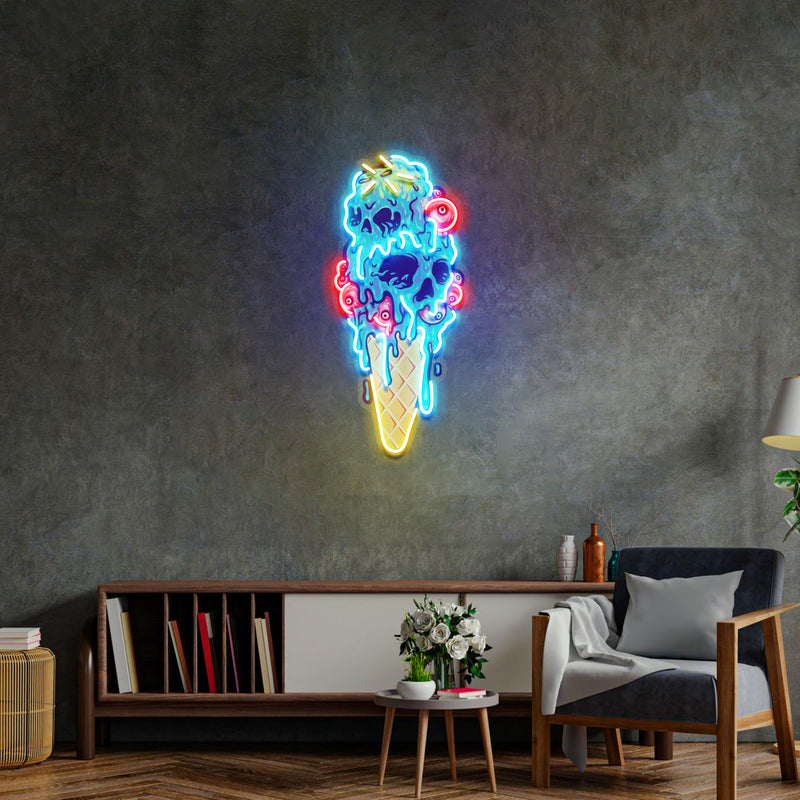 Ice Scream Cone Skull Melting LED Neon Sign Light Pop Art