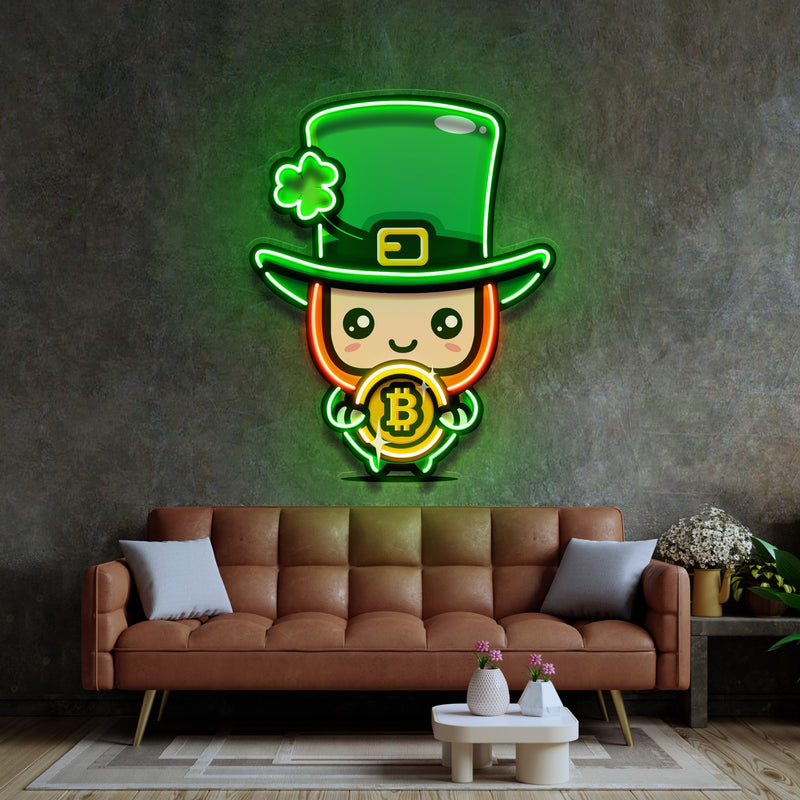 Leprechaun Hugging Bitcoin LED Neon Sign Light Pop Art