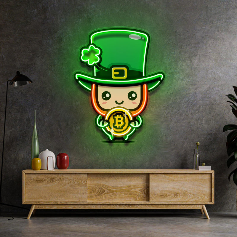 Leprechaun Hugging Bitcoin LED Neon Sign Light Pop Art