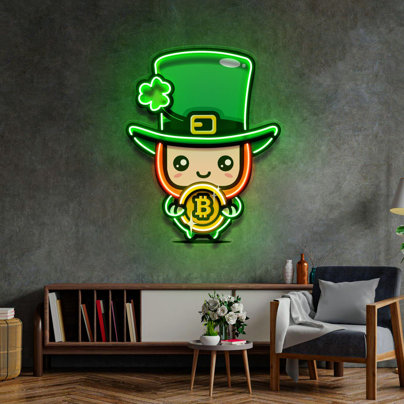 Leprechaun Hugging Bitcoin LED Neon Sign Light Pop Art