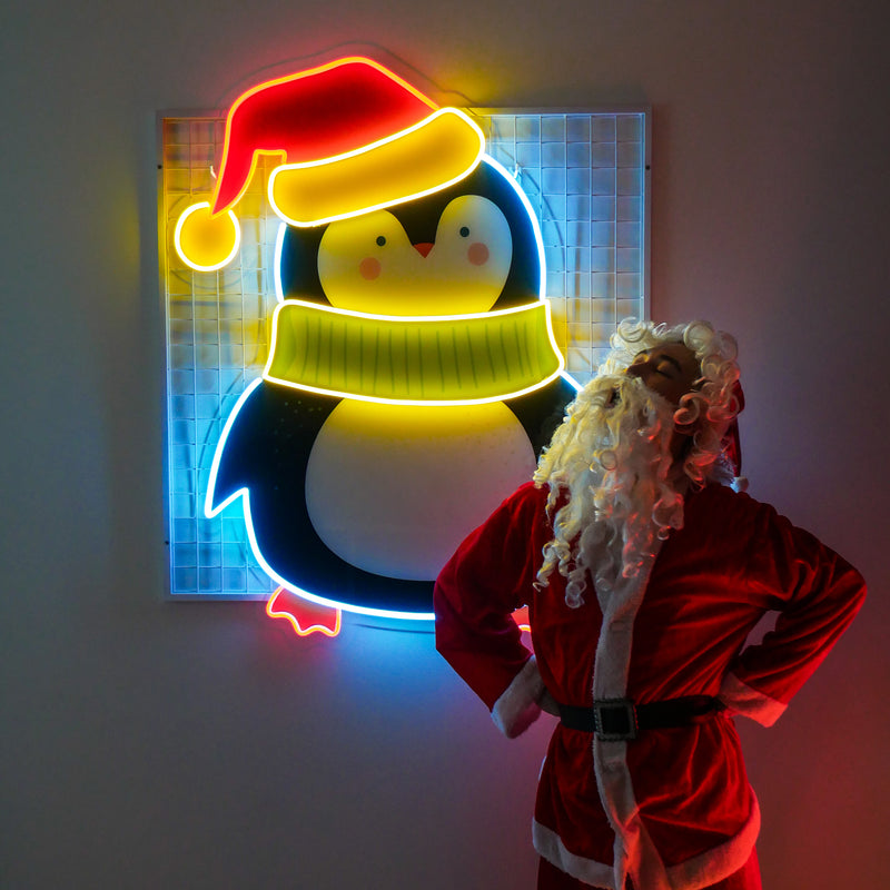 Penguin With Xmas Hat LED Neon Acrylic Artwork
