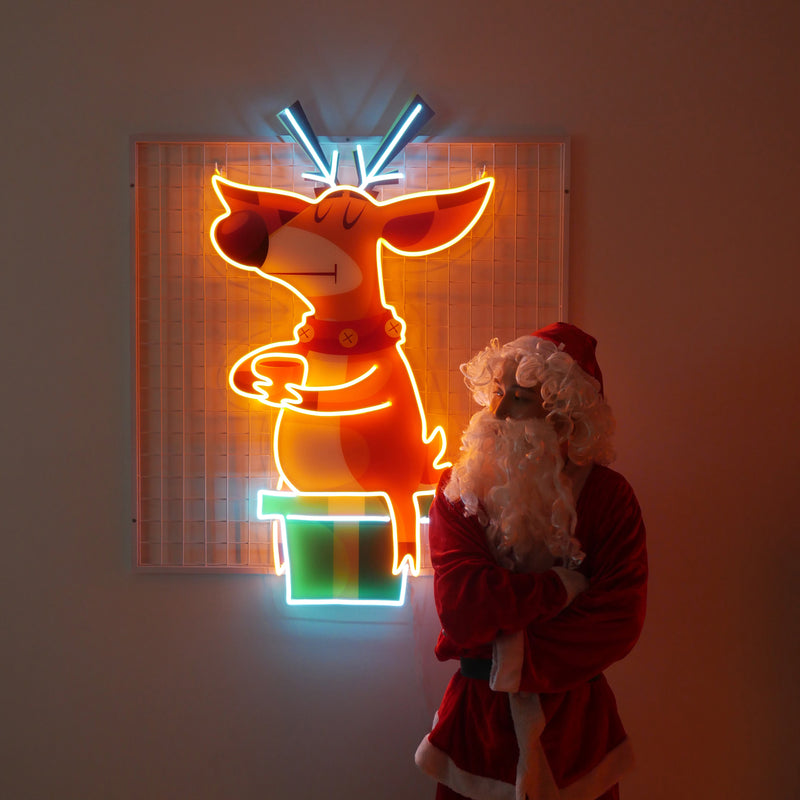 Deer On Gift Christmas LED Neon Acrylic Artwork