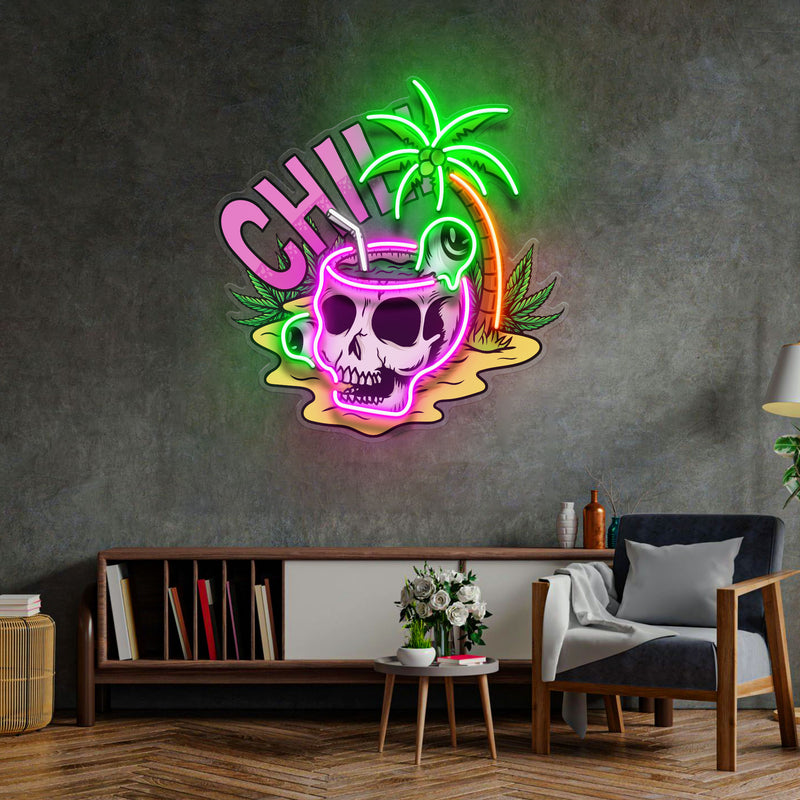 Skull Head Chill With Weed LED Neon Sign Light Pop Art