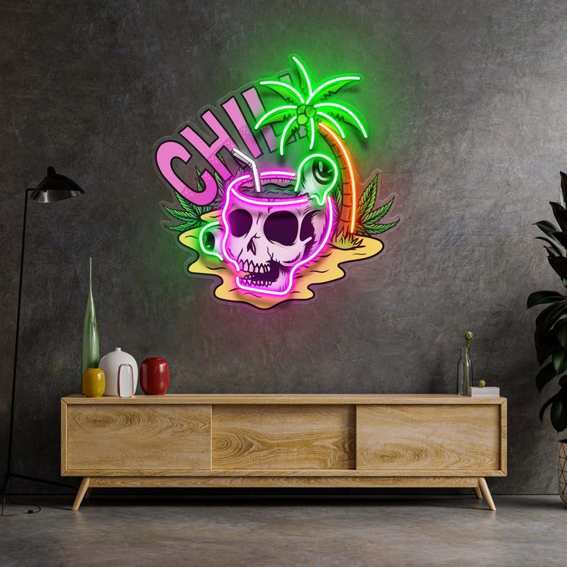 Skull Head Chill With Weed LED Neon Sign Light Pop Art