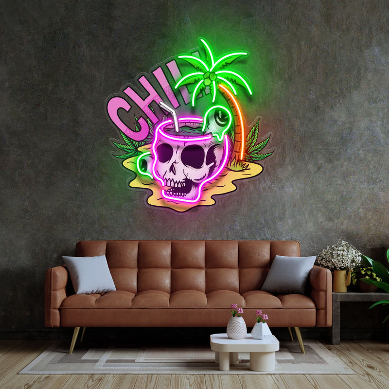 Skull Head Chill With Weed LED Neon Sign Light Pop Art