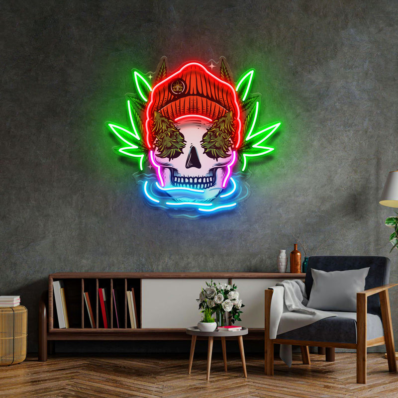 Skull Head With Bennie Hat And Weed LED Neon Sign Light Pop Art