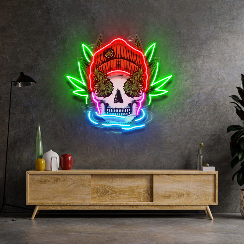 Skull Head With Bennie Hat And Weed LED Neon Sign Light Pop Art