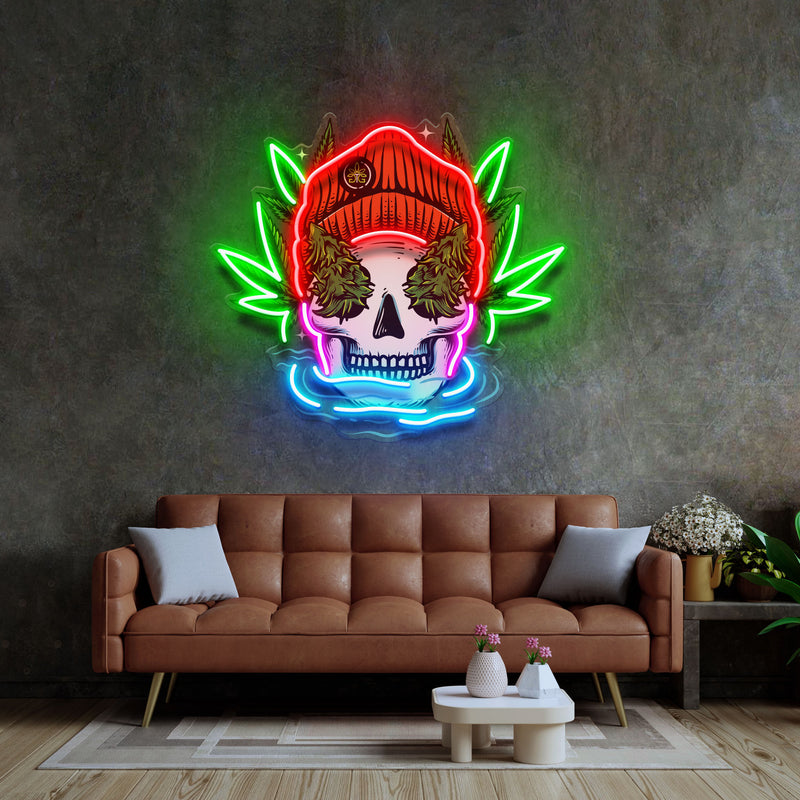 Skull Head With Bennie Hat And Weed LED Neon Sign Light Pop Art