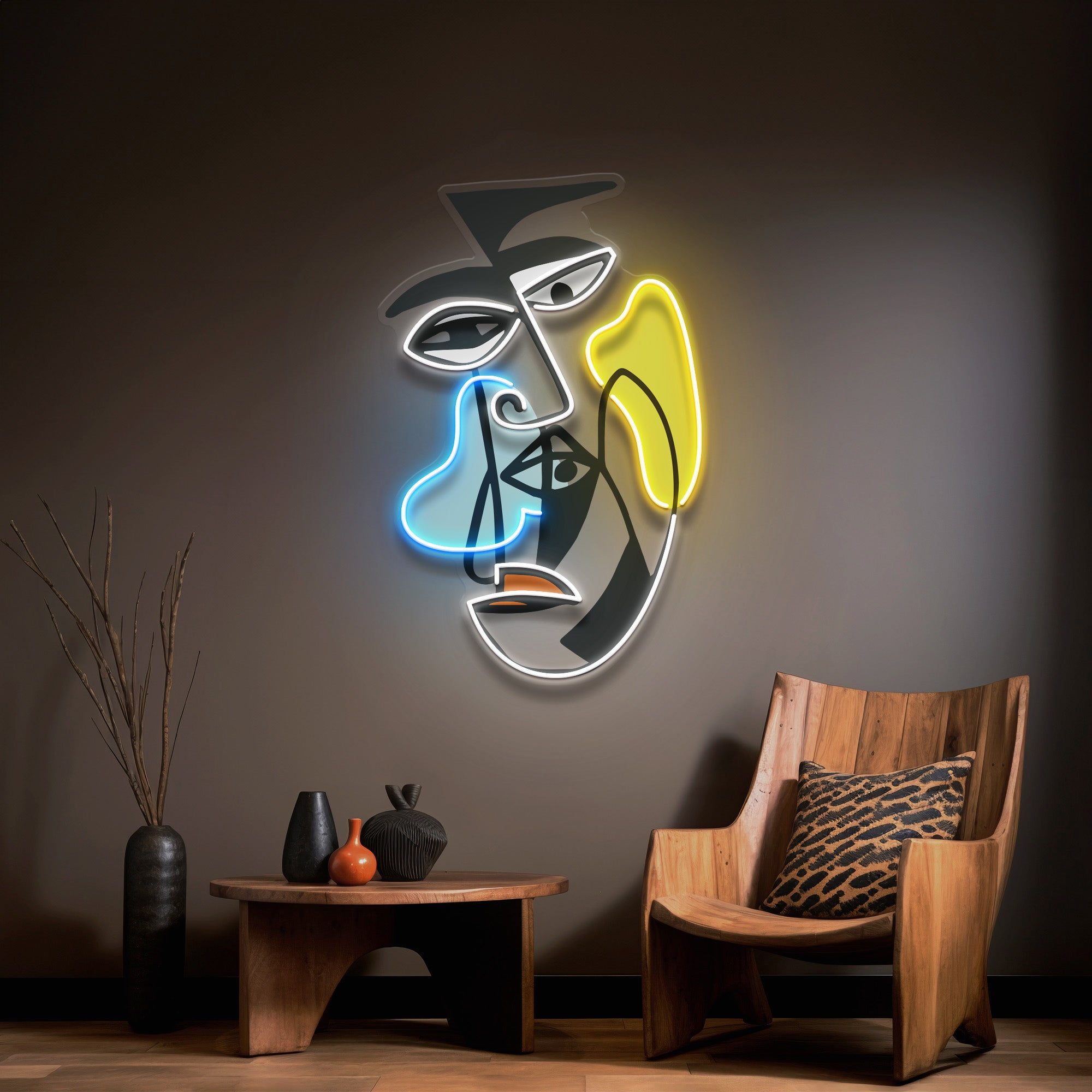 Two Grumpy Abstract Art Faces LED Neon Sign Light