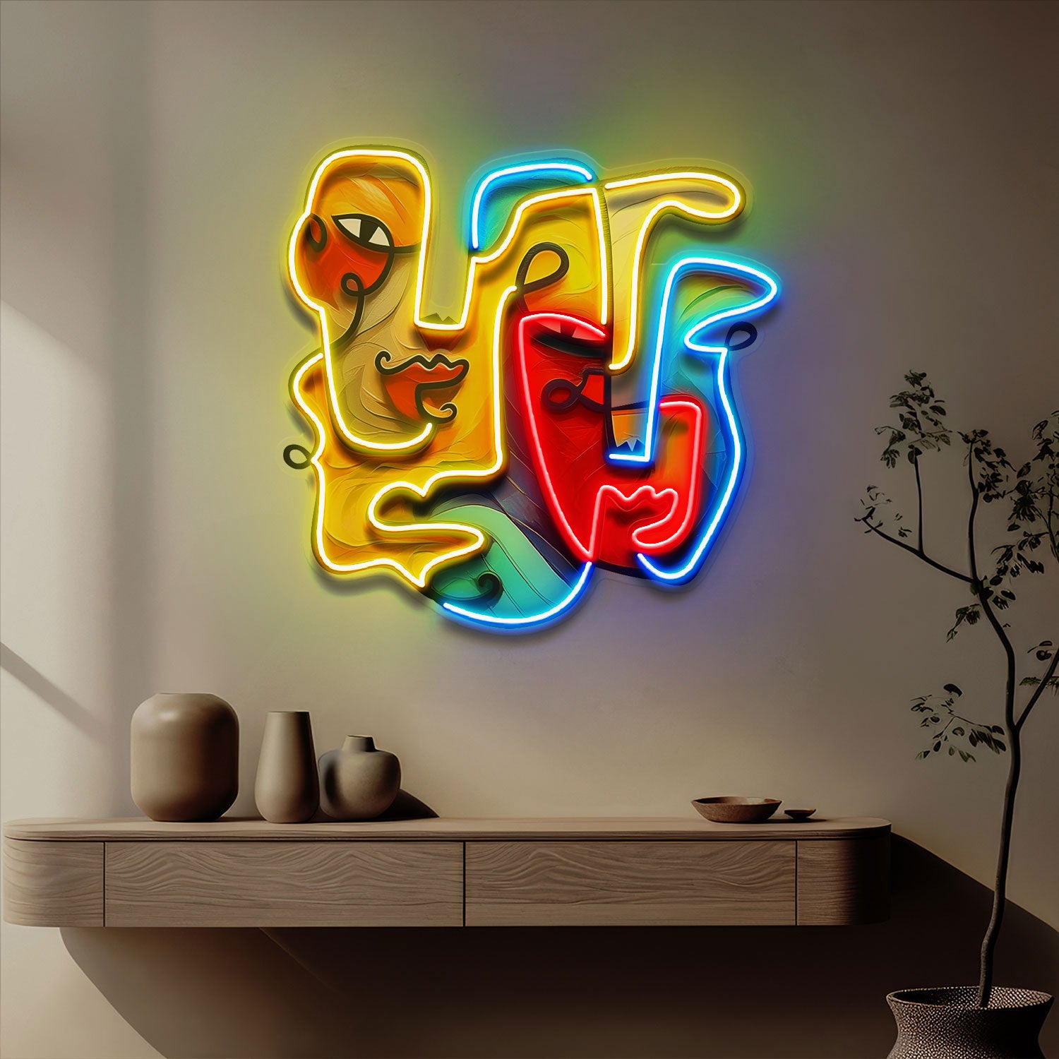 Two Quirky Faces Abstract Art LED Neon Sign Light Pop Art