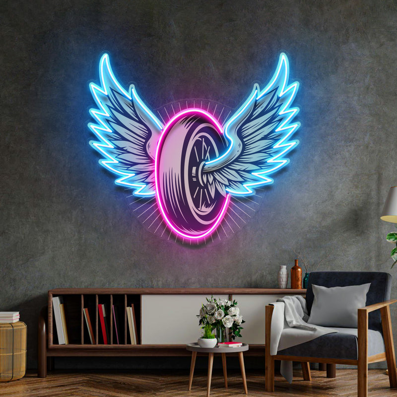 Vintage Biker Design With Winged Wheel LED Neon Sign Light Pop Art