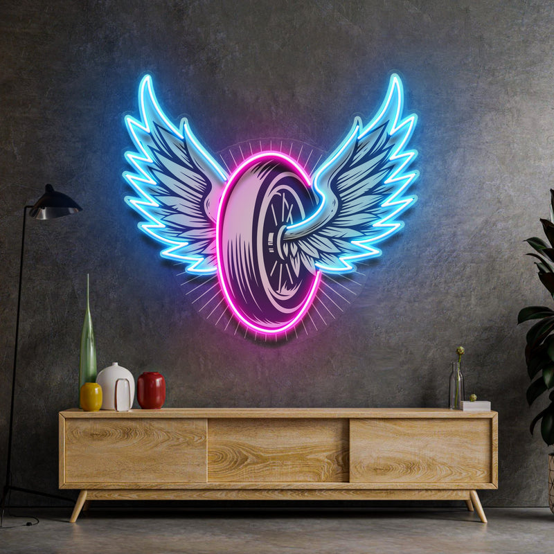 Vintage Biker Design With Winged Wheel LED Neon Sign Light Pop Art