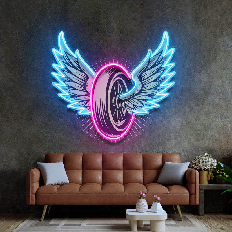 Vintage Biker Design With Winged Wheel LED Neon Sign Light Pop Art