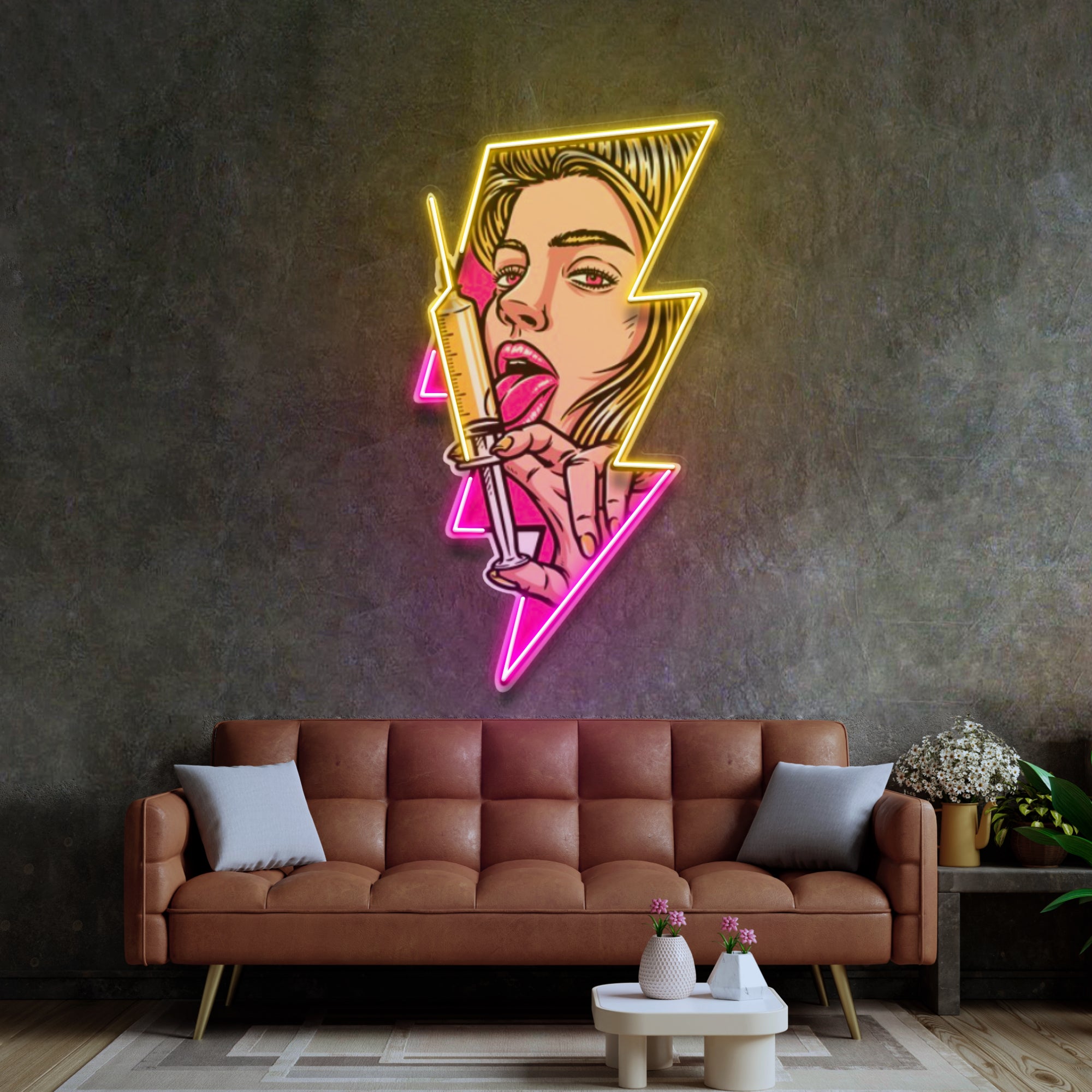 Beautiful Woman Is Holding An Injection LED Neon Sign Light Pop Art