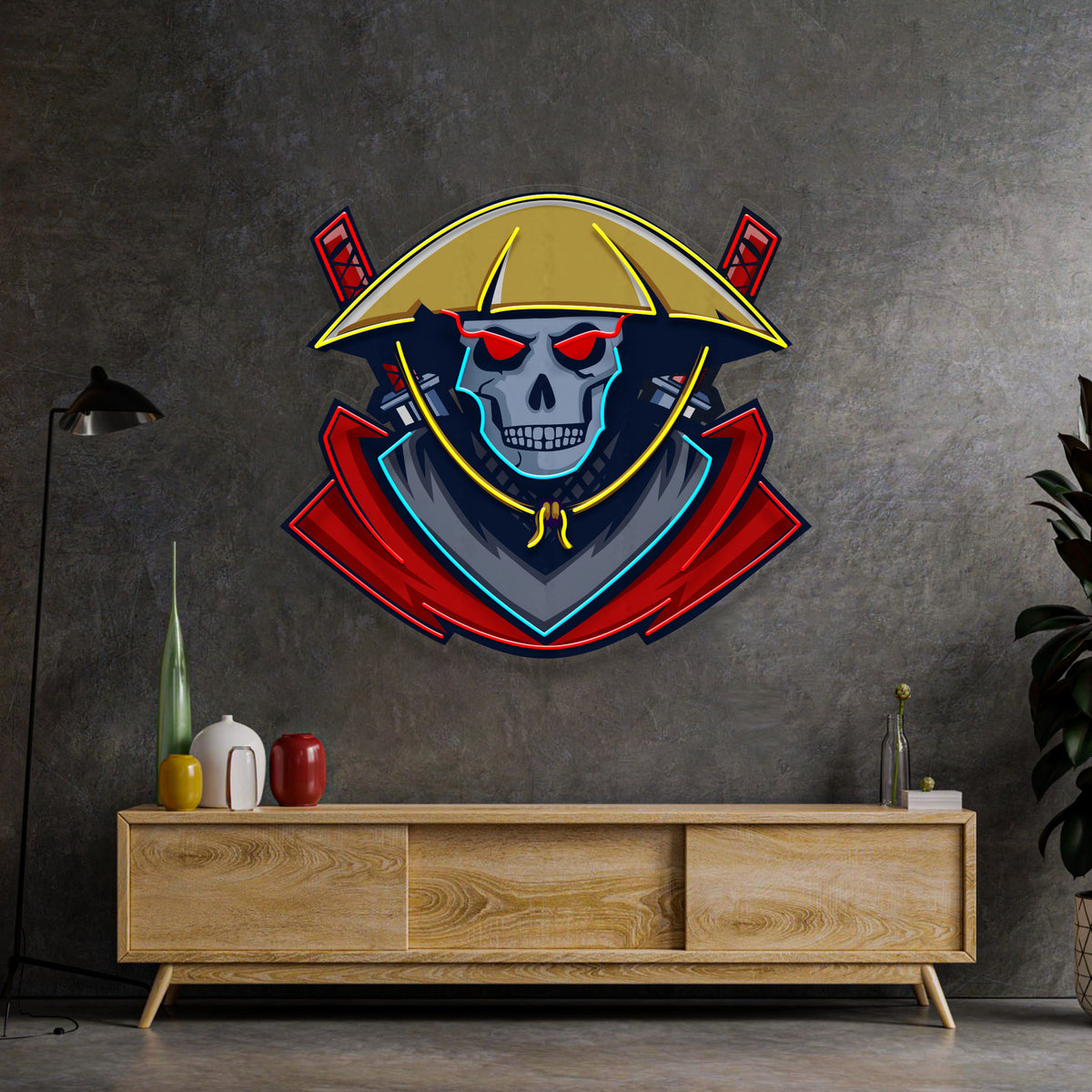 人気絶頂 Dark Art Pop Light Sign Neon LED Skull Samurai 絵画