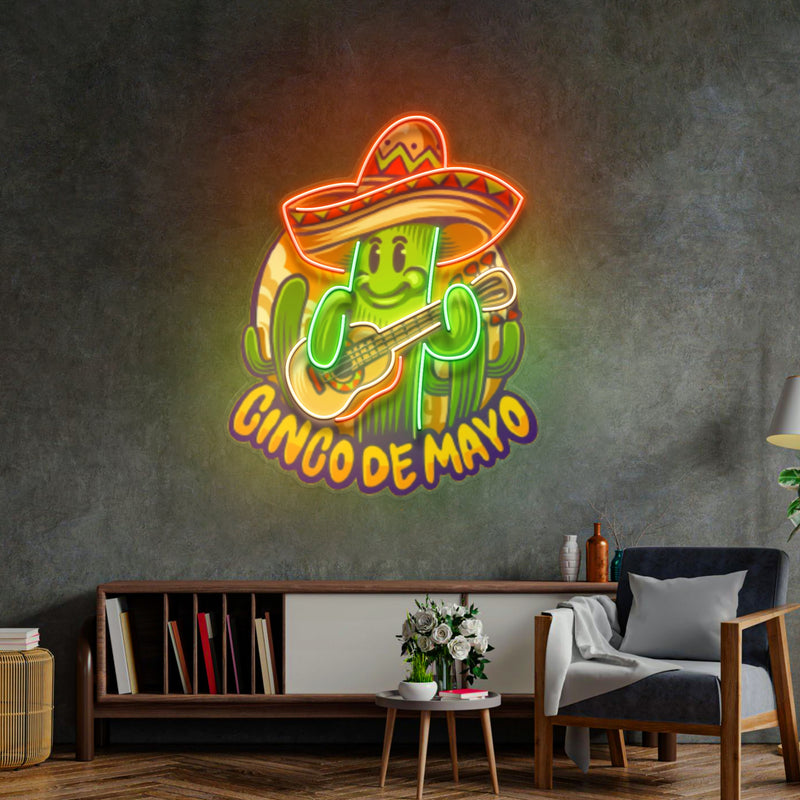 Inco De Mayo Cactus Mascot LED Neon Sign Light Pop Art