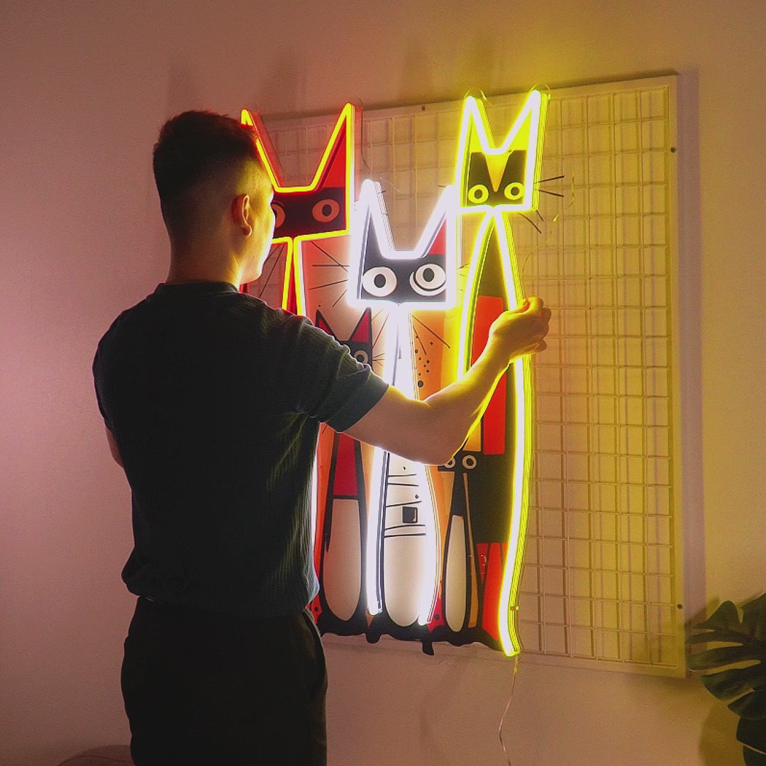 Cat Family In Abstract Art LED Neon Sign Light