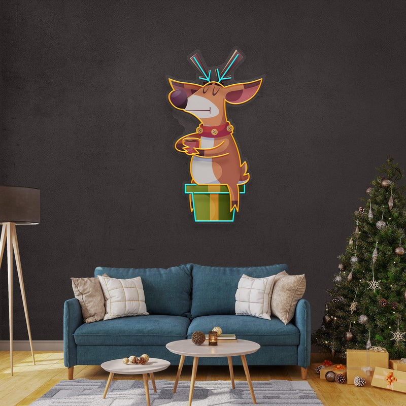 Deer On Gift Christmas LED Neon Acrylic Artwork - Custom Neon Signs | LED Neon Signs | Zanvis Neon®