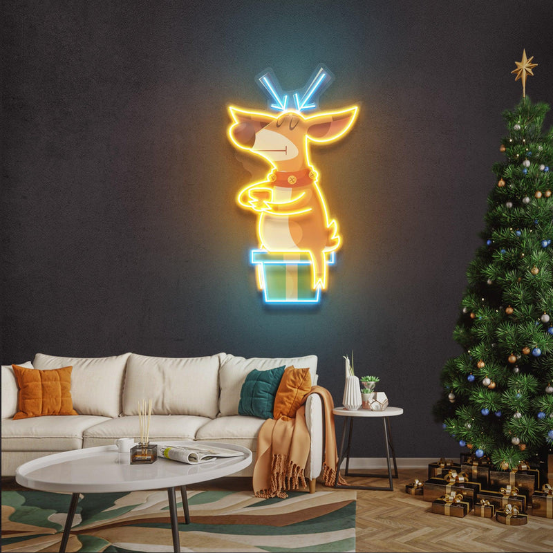Deer On Gift Christmas LED Neon Acrylic Artwork - Custom Neon Signs | LED Neon Signs | Zanvis Neon®