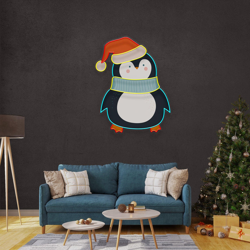Penguin With Xmas Hat LED Neon Acrylic Artwork - Custom Neon Signs | LED Neon Signs | Zanvis Neon®