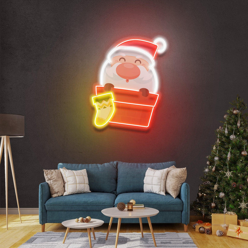 Santa With Sock Christmas LED Neon Acrylic Artwork - Custom Neon Signs | LED Neon Signs | Zanvis Neon®