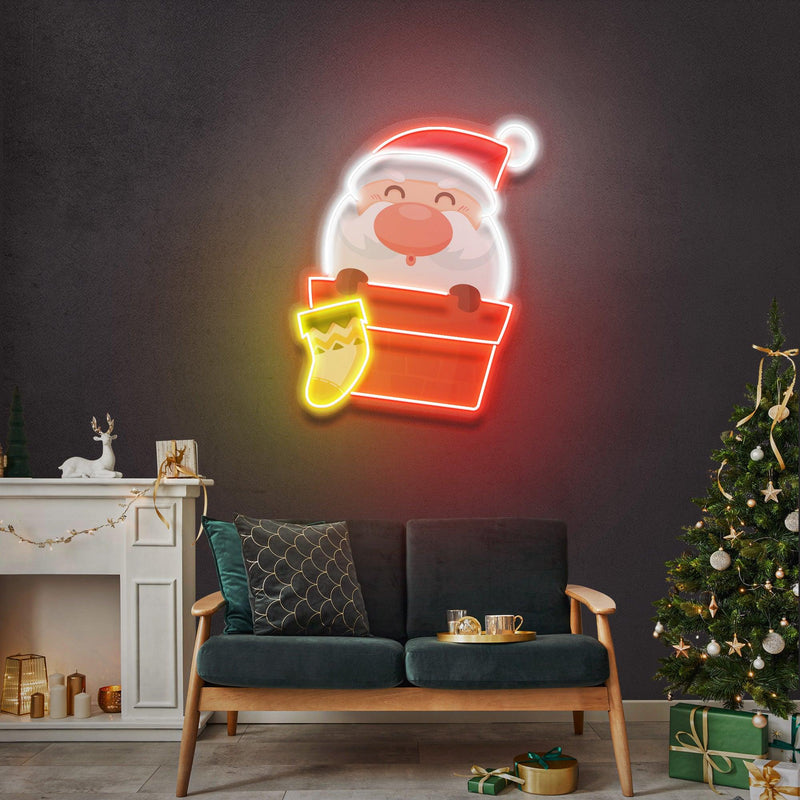 Santa With Sock Christmas LED Neon Acrylic Artwork